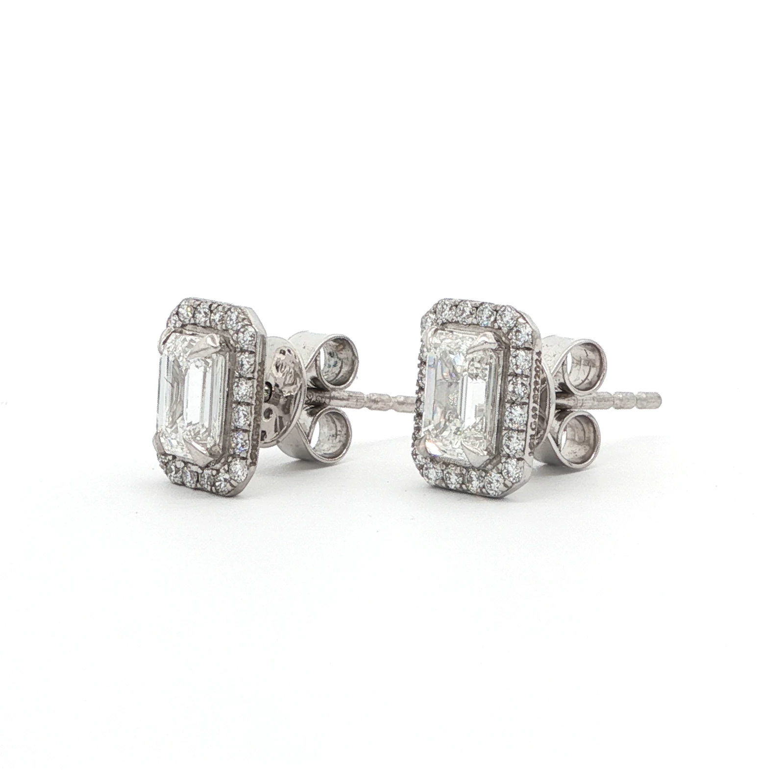 EMERALD CUT HALO STUD EARRINGS